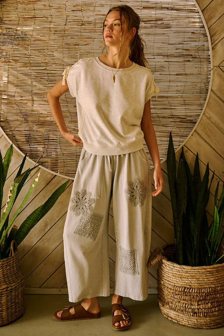 MINERAL WASH CROCHET PATCH BARREL LEG PANTS