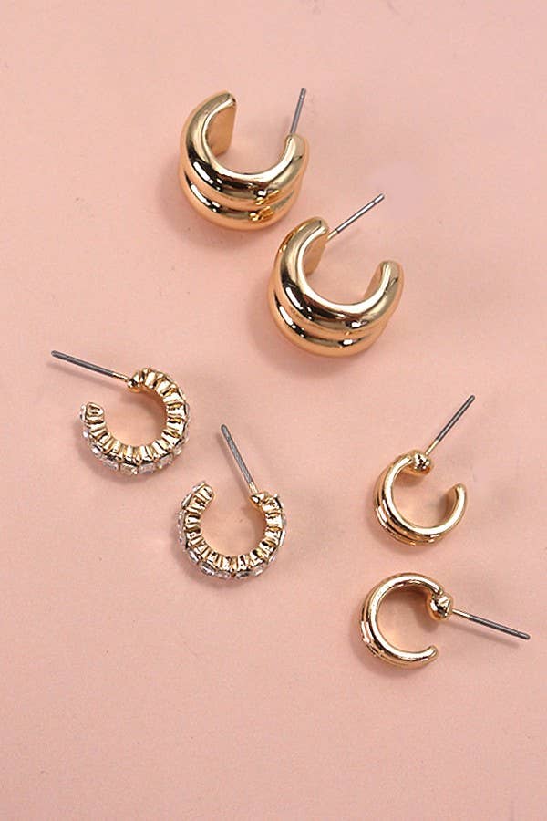 Accessories, Earrings - BAGUETTE STONE DOUBLE HOOP HUGGIE TRIO EARRINGS | 80E5317 - - Cultured Cloths Apparel