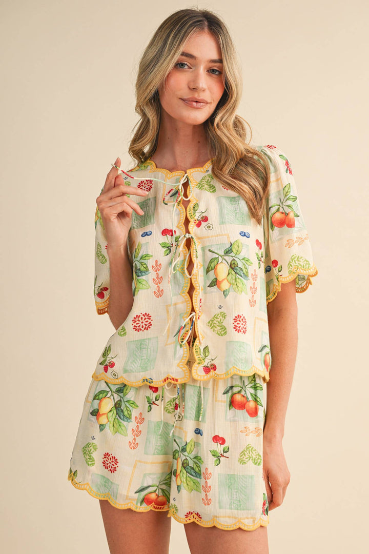 Romper - FRUIT PRINT EMBROIDERED SCALLOP TOP AND SHORTS SET - - Cultured Cloths Apparel