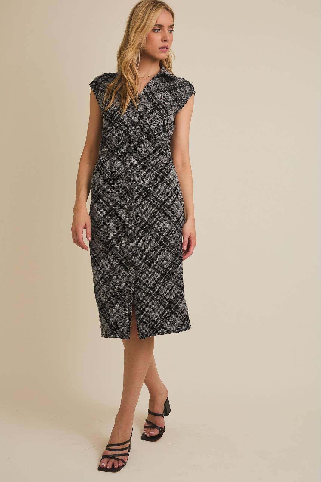 Women's Dresses - COLLARED SLEEVELESS BUTTON DOWN PLAID MIDI DRESS - - Cultured Cloths Apparel