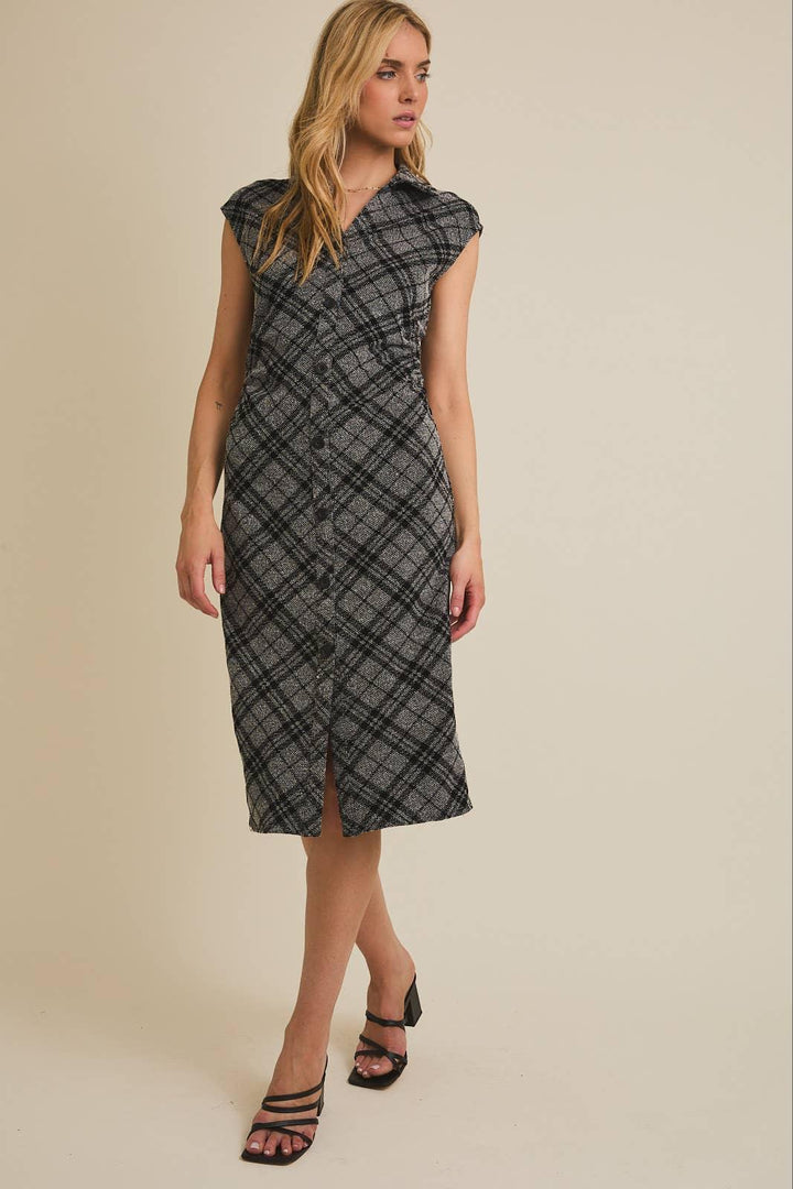 Women's Dresses - COLLARED SLEEVELESS BUTTON DOWN PLAID MIDI DRESS - - Cultured Cloths Apparel