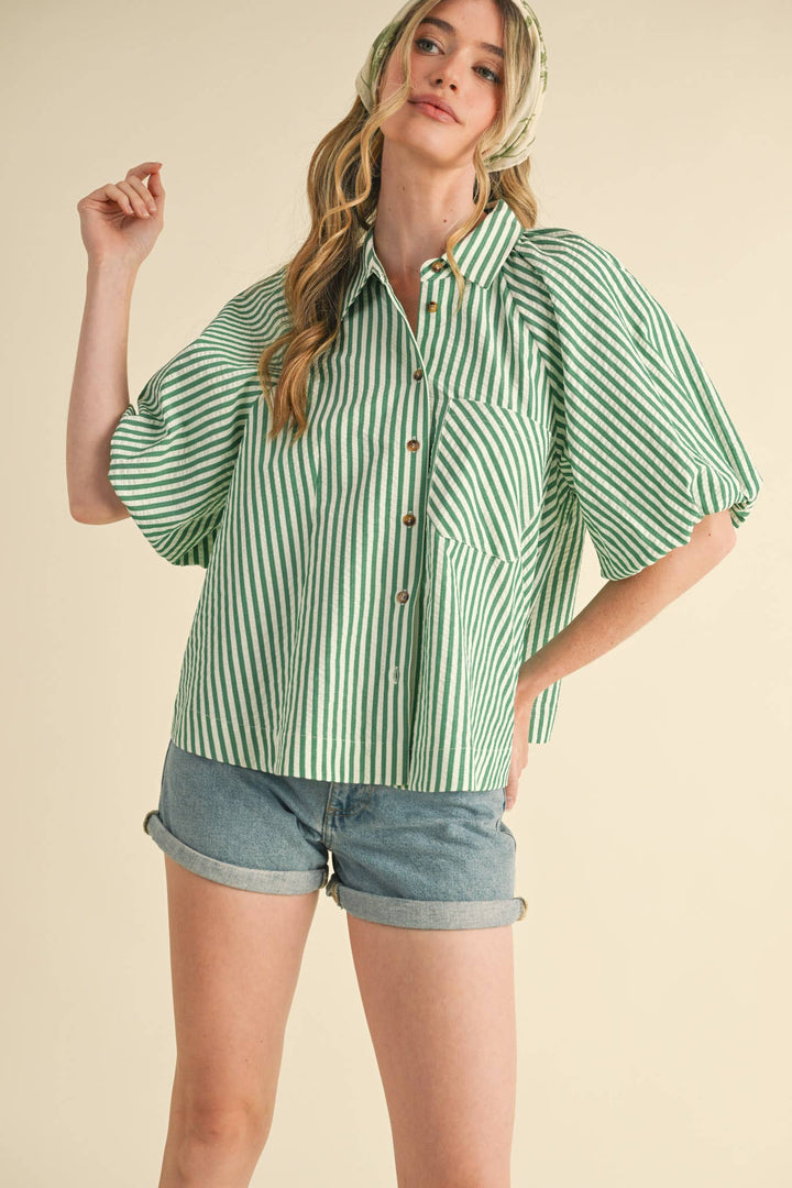 Women's Short Sleeve - STRIPED BUBBLE SLEEVE BUTTON DOWN TOP - - Cultured Cloths Apparel