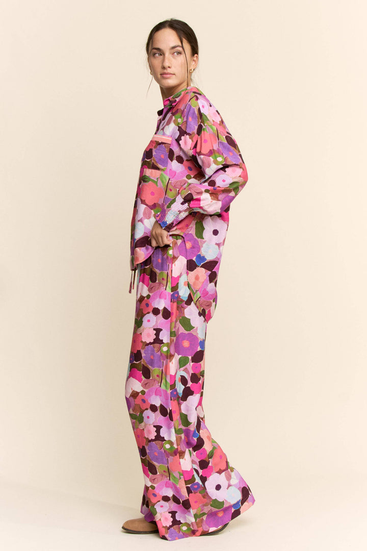 Pants - BERRY FLORAL PRINT WIDE-LEG PANTS WITH DRAWSTRING WAIST - - Cultured Cloths Apparel