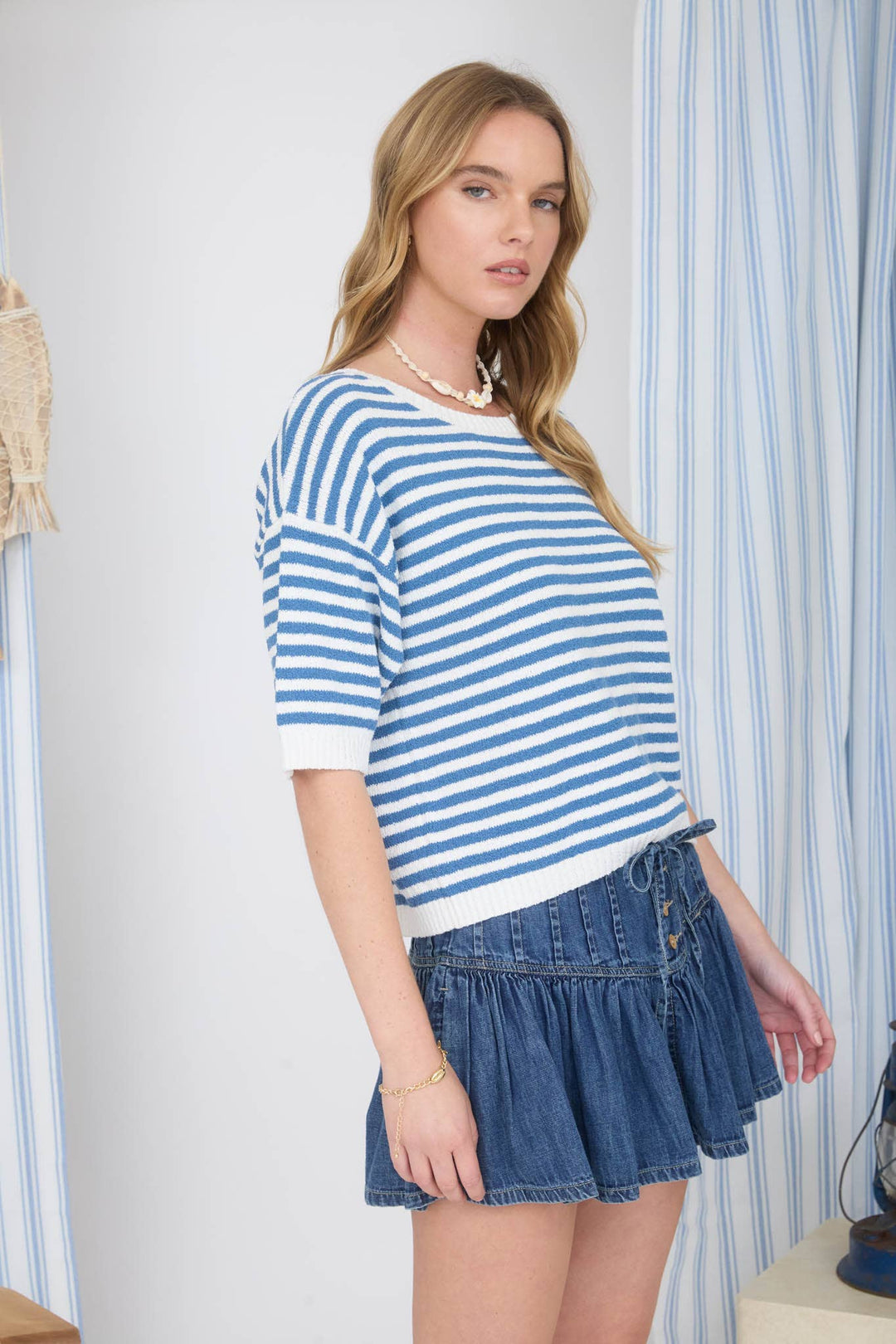 STRIPE CONTRAST TRIM SHORT SLEEVE KNIT SWEATER