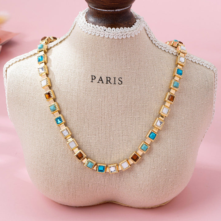 Accessories, Necklaces - Multicolor Square Gemstone Long Necklace - - Cultured Cloths Apparel