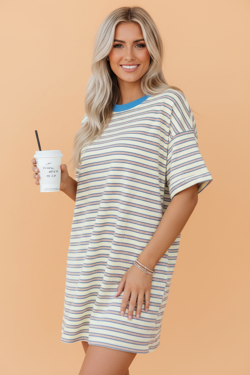 Dresses - Stripe Cuffed Short Sleeve Mini T-Shirt Dress - White Stripe - Cultured Cloths Apparel