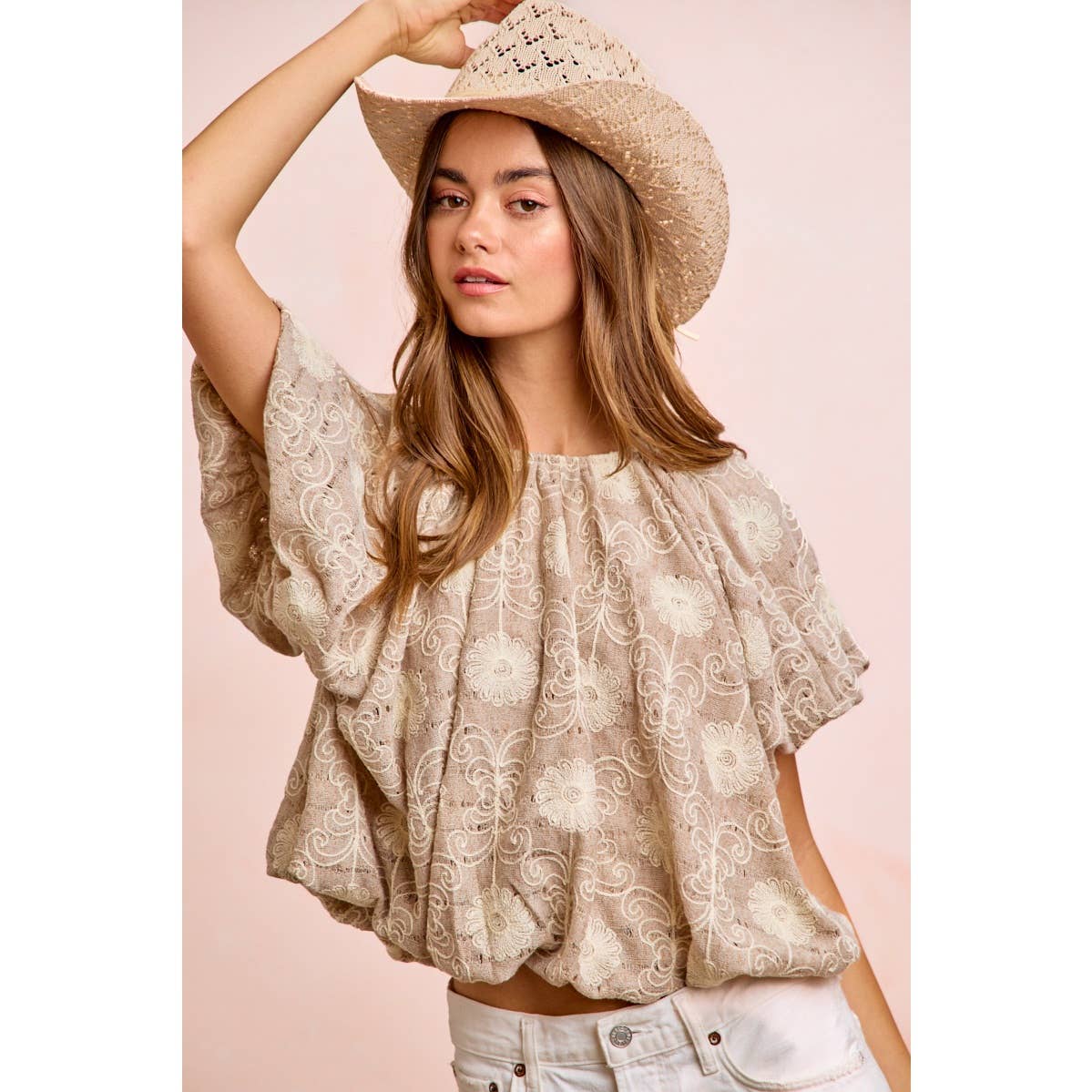 FLOWER EMBROIDERED SHIRRED NECKLINE BUBBLE HEM TOP – Cultured