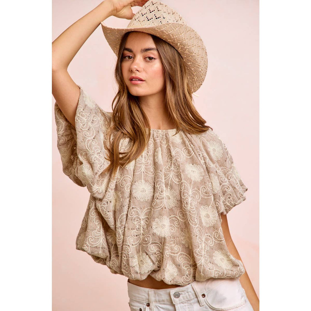 Women's Short Sleeve - FLOWER EMBROIDERED SHIRRED NECKLINE BUBBLE HEM TOP - TAUPE - Cultured Cloths Apparel