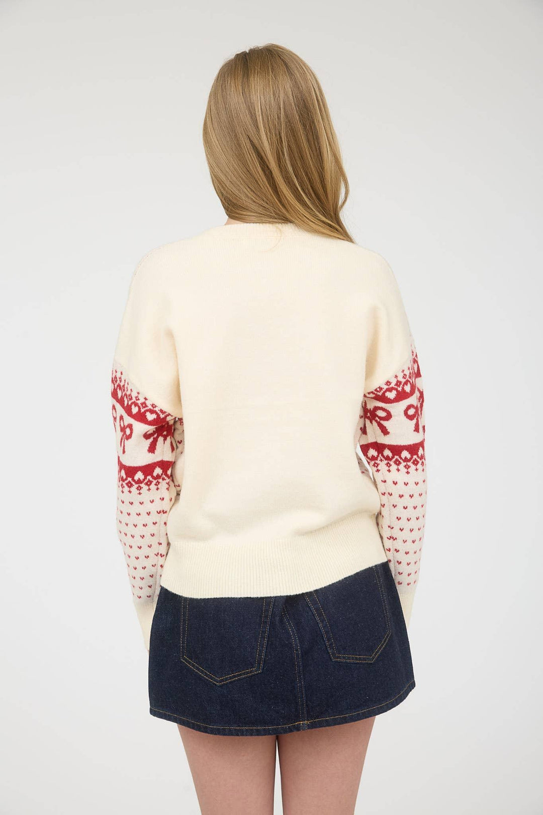 BOW AND HEART JACQUARD KNIT PULLOVER SWEATER