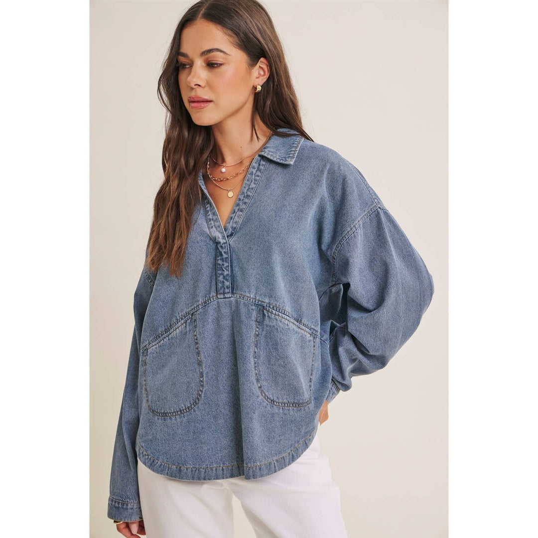 EASY LIVING MINERAL-WASHED COTTON DENIM OVERSIZED POCKET TOP
