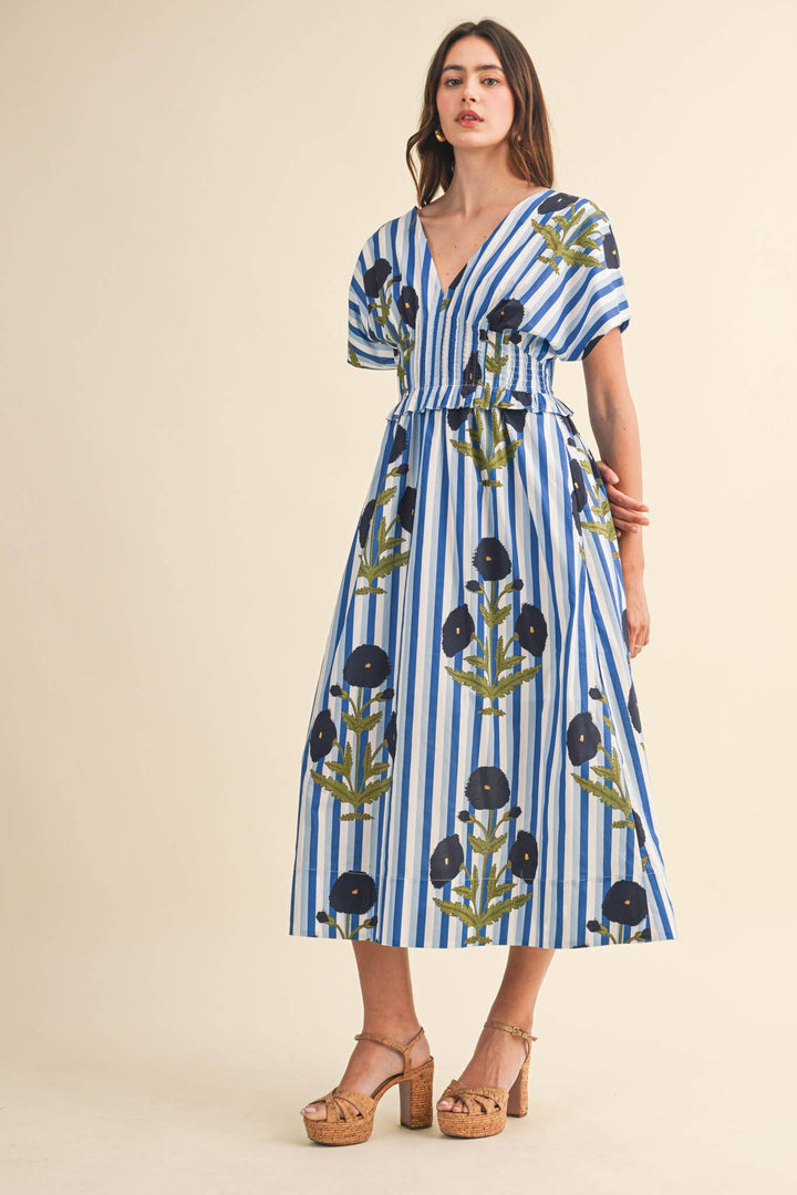 Dresses - STRIPED FLORAL PIN TUCK WAIST MIDI DRESS - - Cultured Cloths Apparel