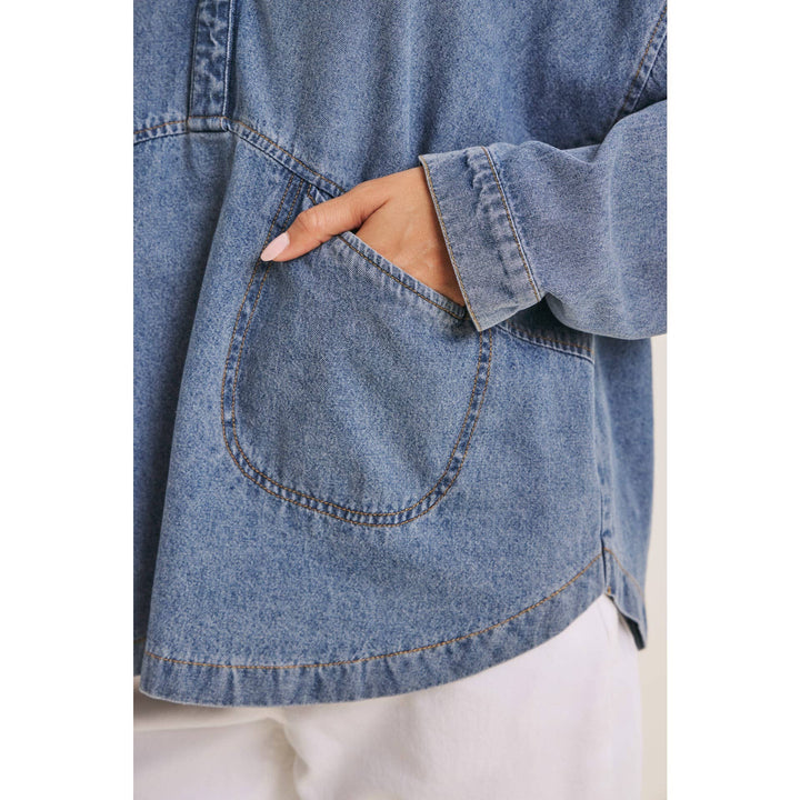 EASY LIVING MINERAL-WASHED COTTON DENIM OVERSIZED POCKET TOP