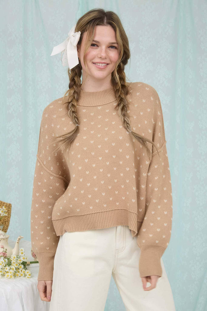 HEART PATTERN DROP SHOULDER KNIT PULLOVER SWEATER