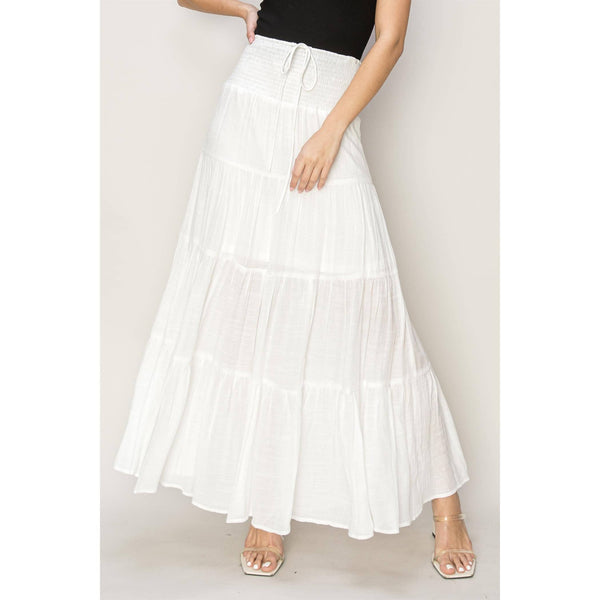 Women's Skirts - Drawstring Waist Tiered Maxi Skirt - WHITE - Cultured Cloths Apparel