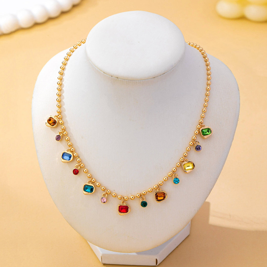 Accessories, Necklaces - Brass Multi-Color Glass Gem Charm Chain Necklace | 80N93682 - - Cultured Cloths Apparel