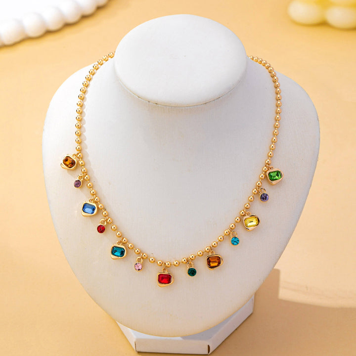 Accessories, Necklaces - Brass Multi-Color Glass Gem Charm Chain Necklace | 80N93682 - - Cultured Cloths Apparel