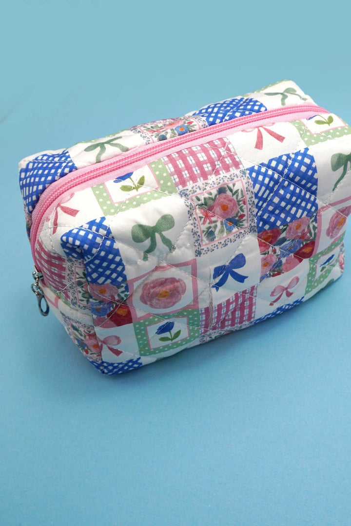 Accessories, Bags - BOW QUILTED COTTON FLORAL COSMETIC POUCH BAG - BLUE - Cultured Cloths Apparel