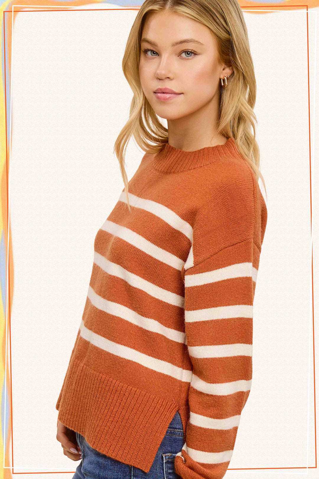 Striped Mock Neck Dolman Sleeve Loose Fit Sweater