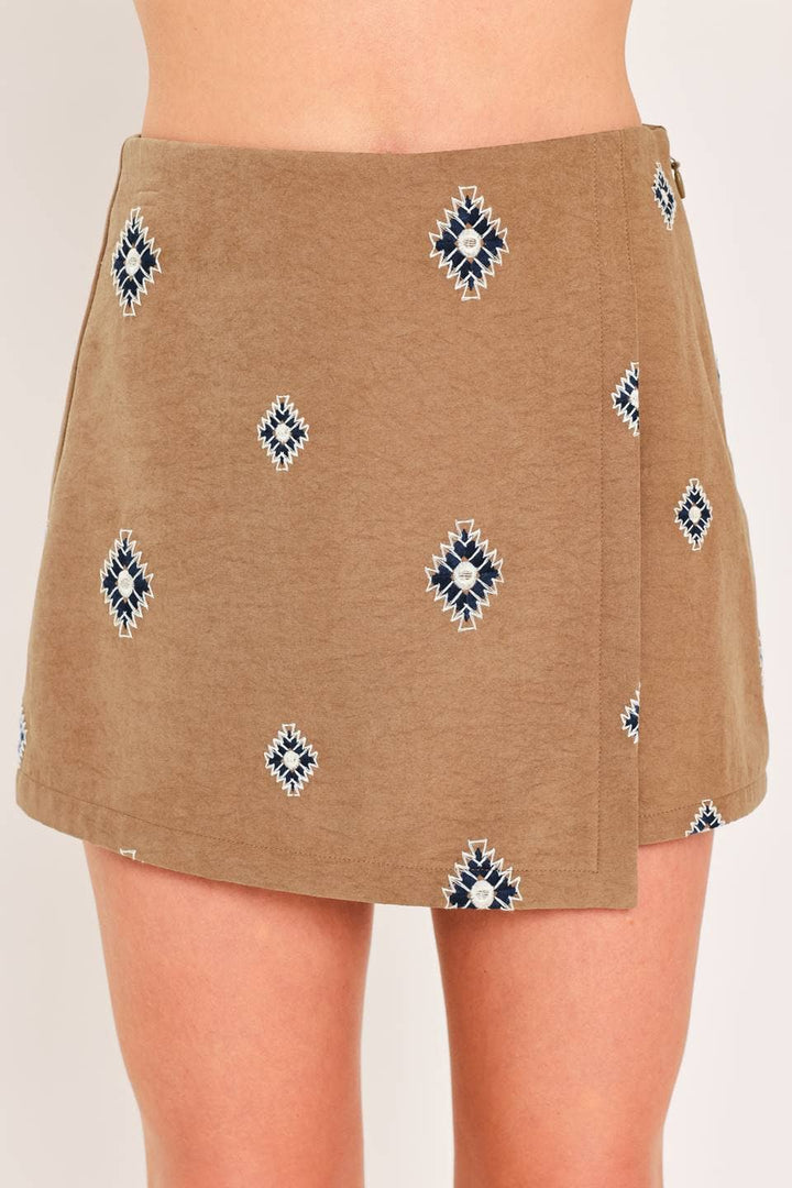 embroidered faux suede skort