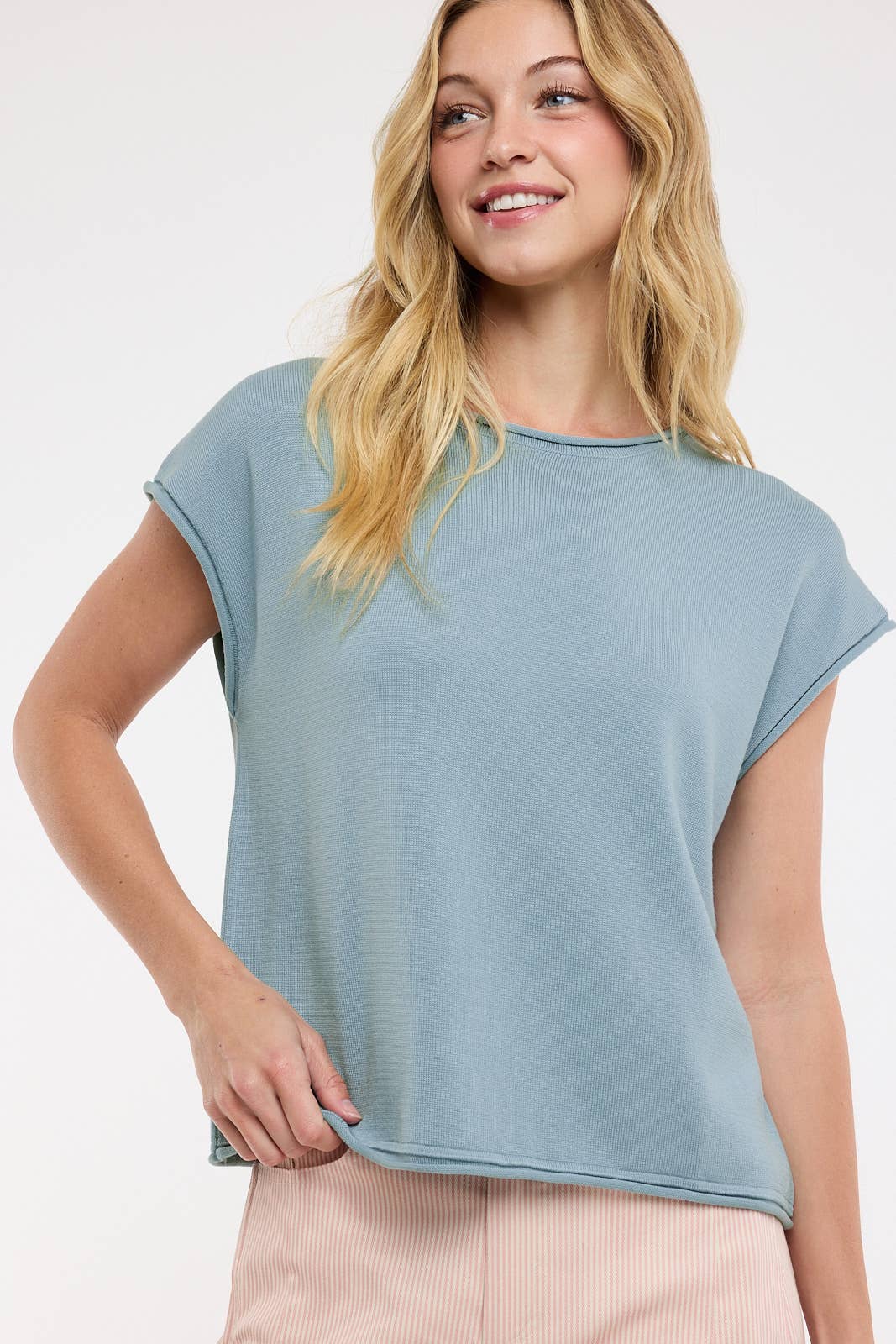 Women's Short Sleeve - ROLLED HEM KNIT SWEATER - - Cultured Cloths Apparel