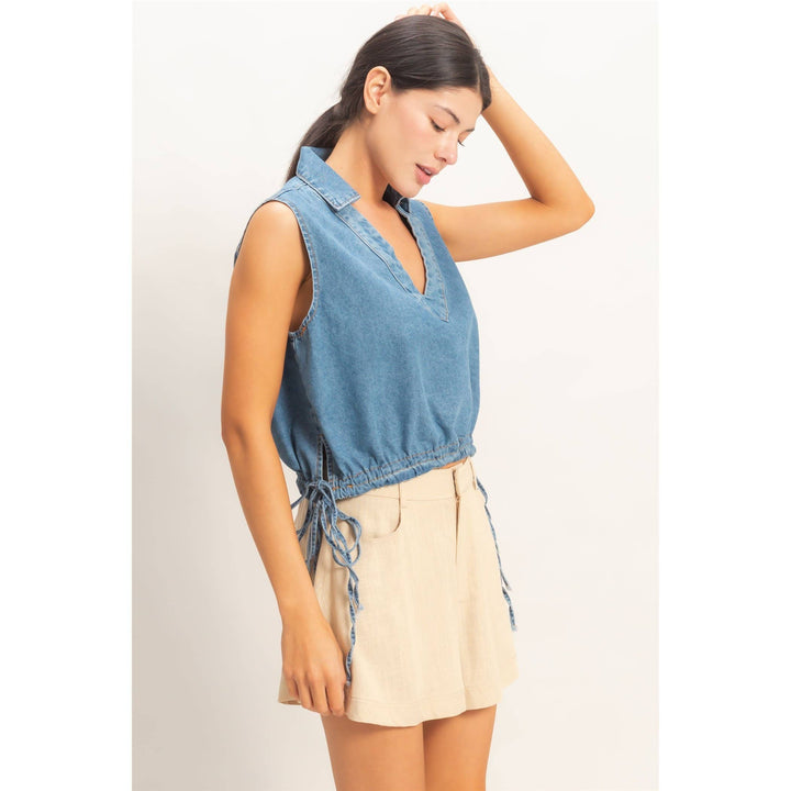 Women's Short Sleeve - Collared V-Neck Drawstring Tank - - Cultured Cloths Apparel