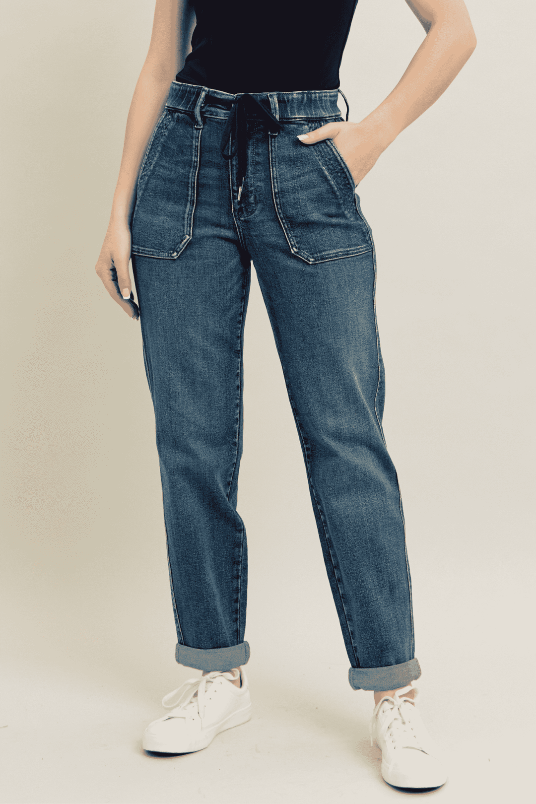 Denim - Judy Blue Full Size HW Vintage Wash Jeans w/ Drawstring Plus Size - - Cultured Cloths Apparel