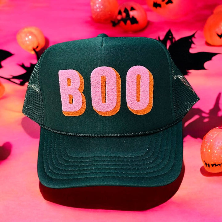 Accessories, Hats - BOO (light pink/orange double puff) - Black Trucker - - Cultured Cloths Apparel