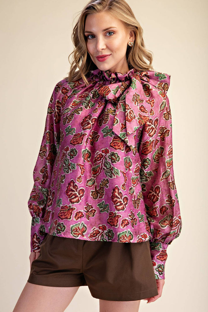 Ruffle Tie Neck Long Sleeve Print Blouse