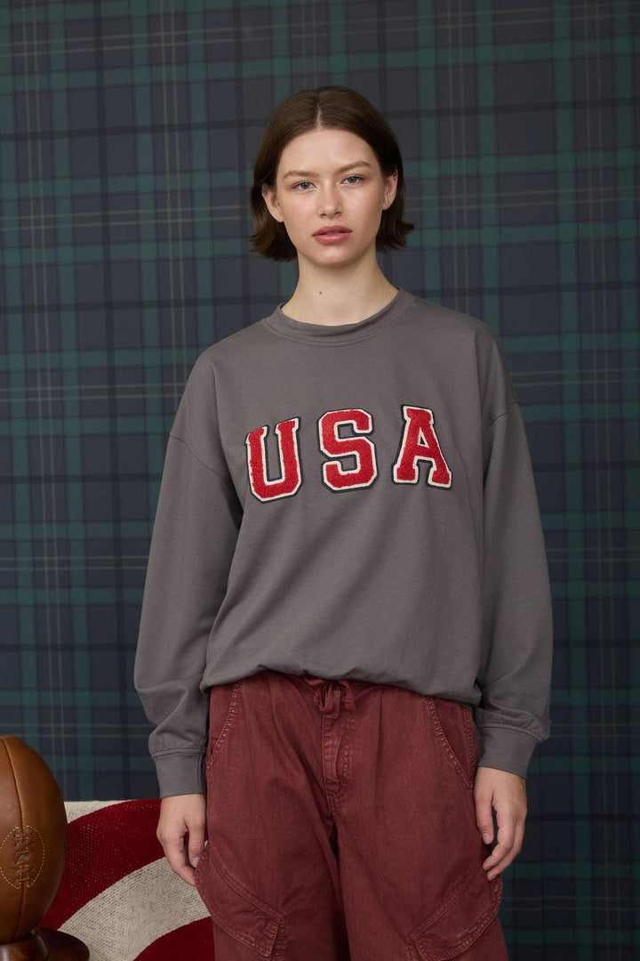 Women's Long Sleeve - USA VARSITY LETTER LONG SLEEVE KNIT TOP - - Cultured Cloths Apparel