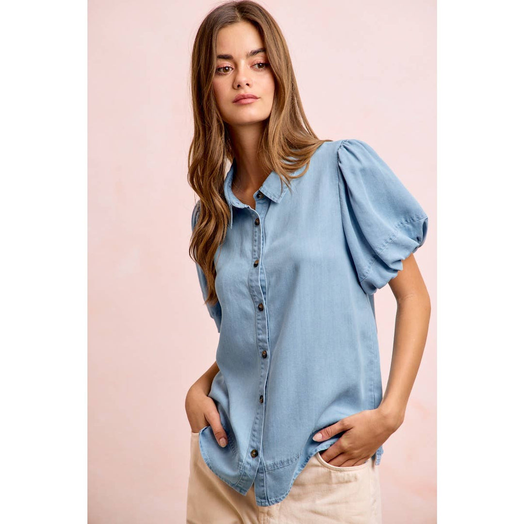 Women's Short Sleeve - PUFF SLEEVES WASHED TENCEL SHIRT TOP - - Cultured Cloths Apparel