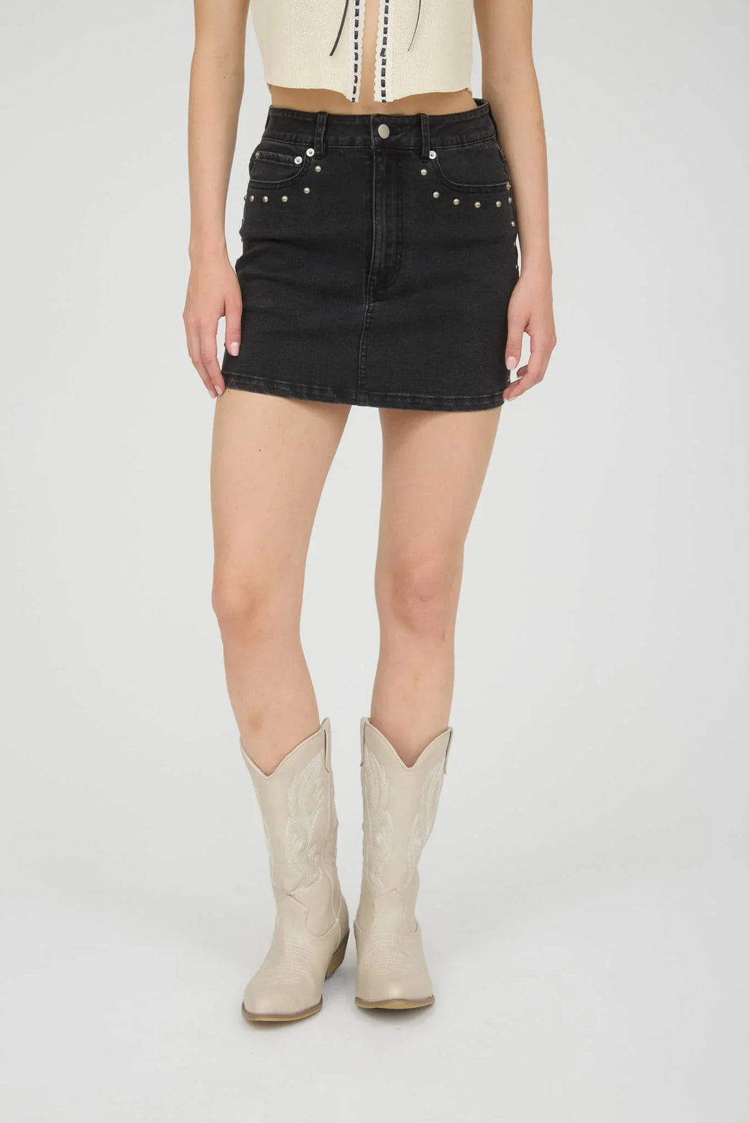 STUD DETAIL DENIM MINI SKIRT