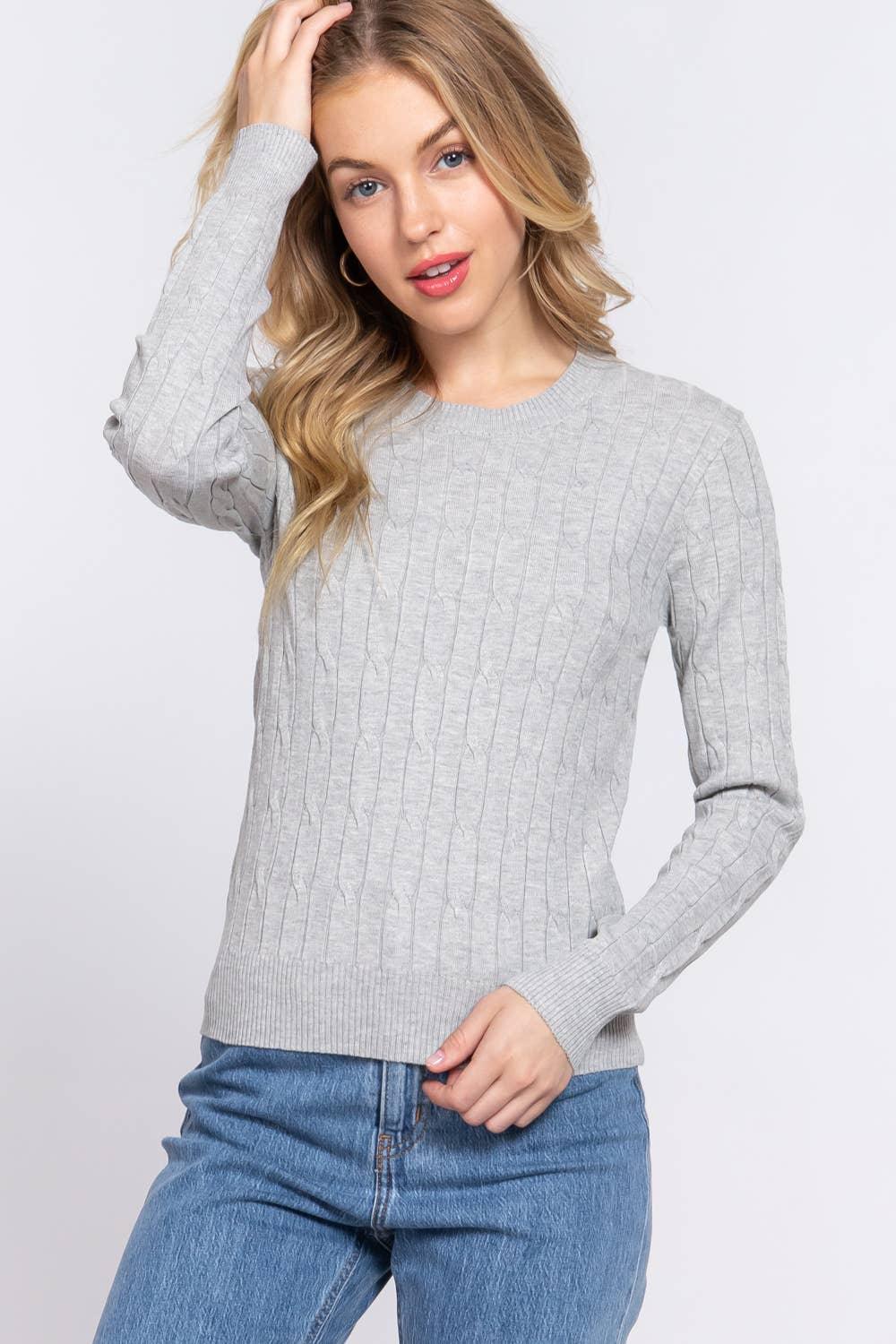 Women's Sweaters - Long Sleeve Round Neck Cable Sweater - H. GREY - Cultured Cloths Apparel