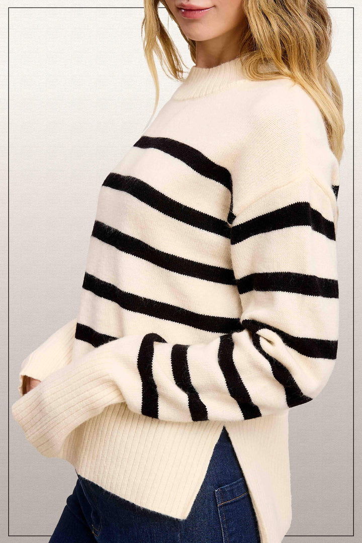 Striped Mock Neck Dolman Sleeve Loose Fit Sweater