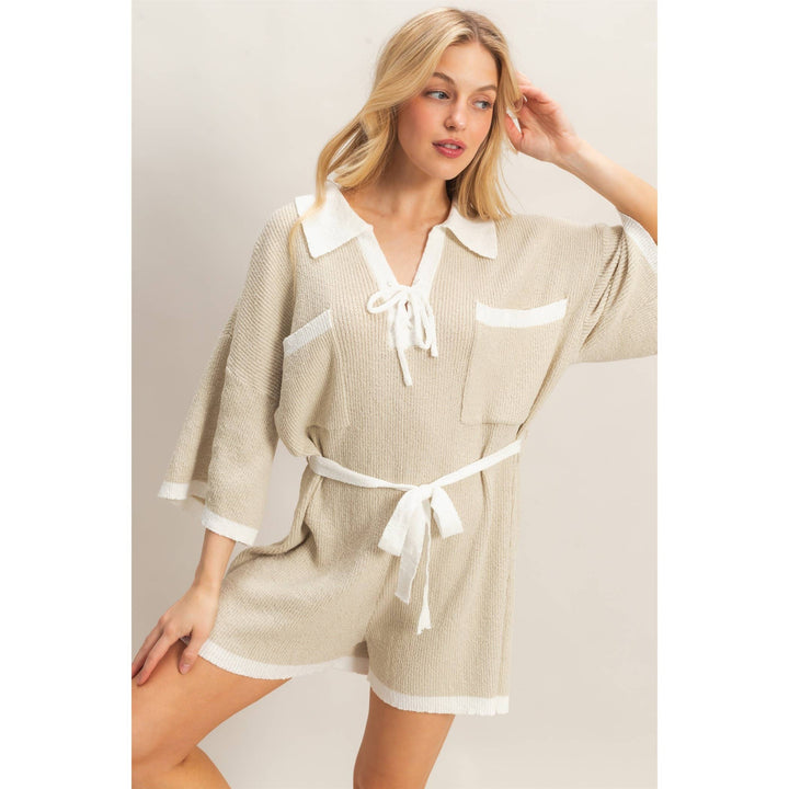 Women's Rompers - Knit Romper With Contrast Tie - - Cultured Cloths Apparel