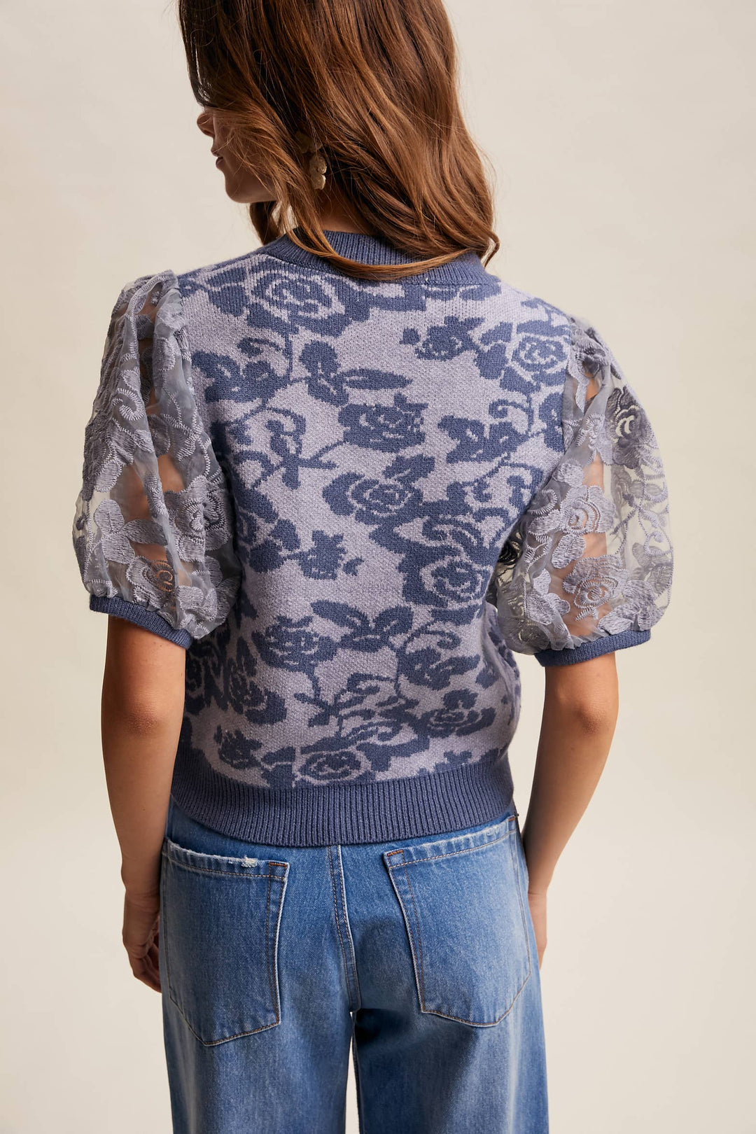 Rose Embroidered Contrast Knit Top