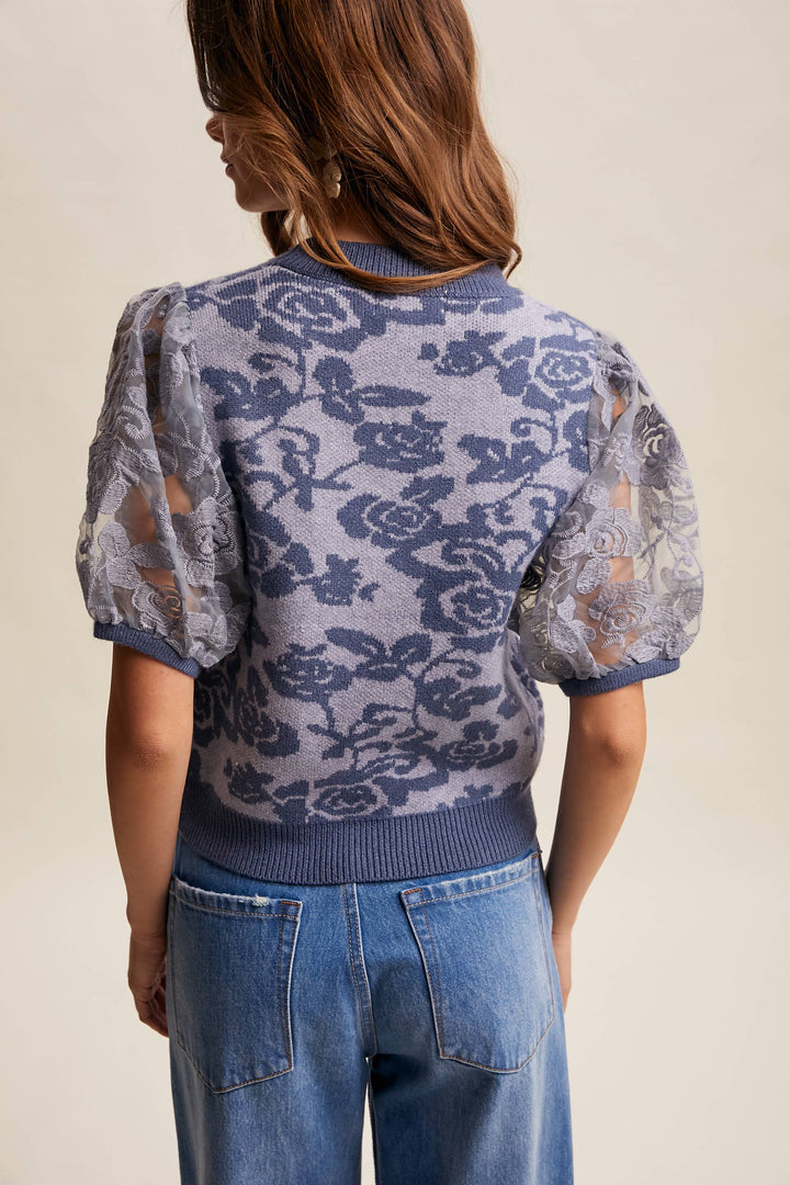 Rose Embroidered Contrast Knit Top