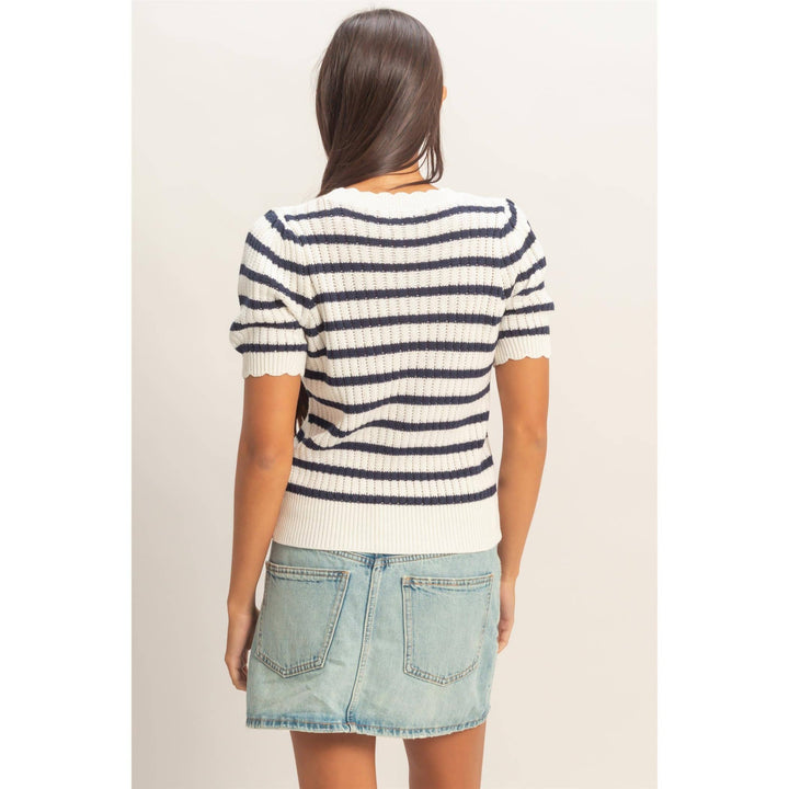 Striped Scallop Edge Puff Sleeve Knit Top
