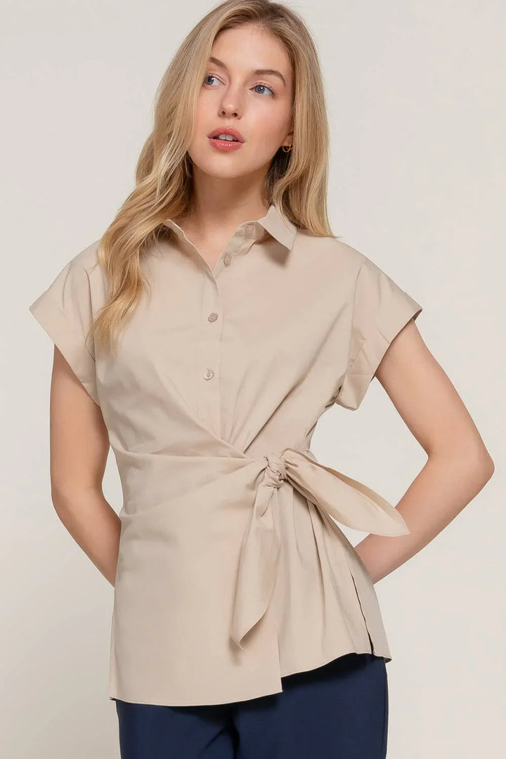 Women's Short Sleeve - Short Dolman Sleeve Button Down Side Knot Poplin Shirt - - Cultured Cloths Apparel