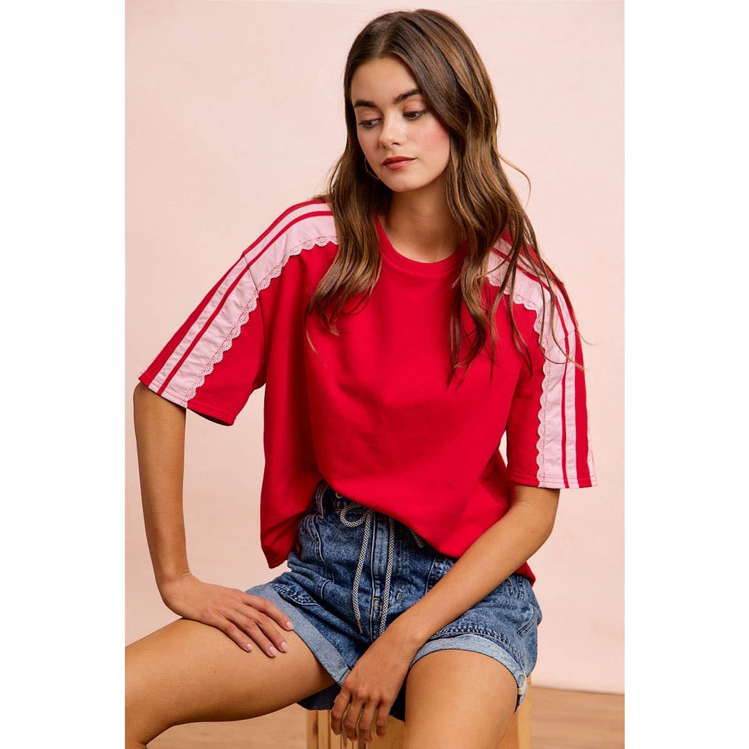 FRENCH TERRY SIDE LACE DETAIL SHORT SLEEVES TOP