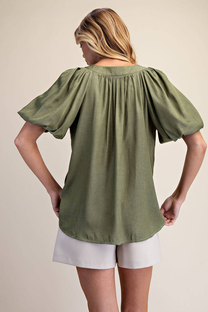 - V-Neck Placket Balloon Sleeve Top - - Cultured Cloths Apparel
