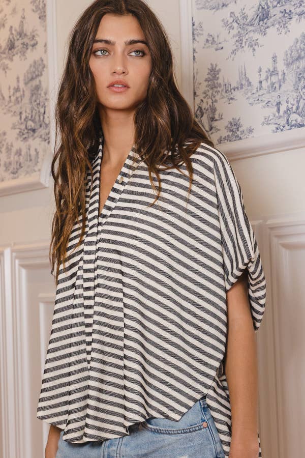 Women's Short Sleeve - Short Dolman Sleeve Oversized Stripe Shirt Top - Black - Cultured Cloths Apparel