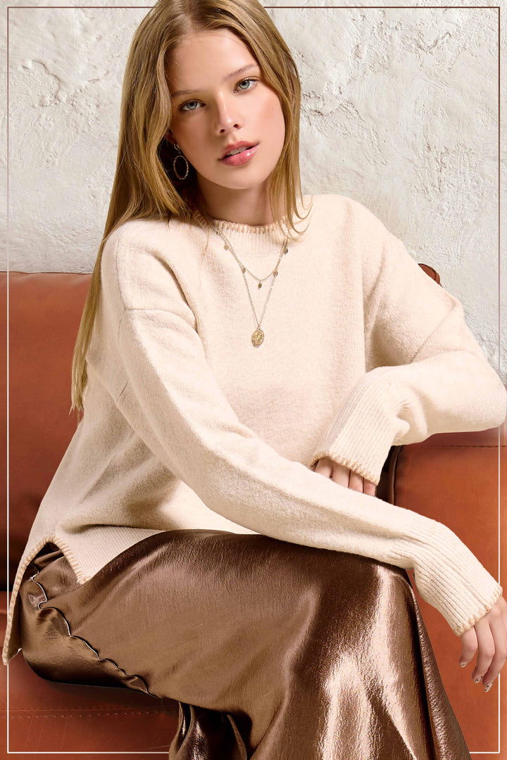 Hi-Low Crew Neck Sweater W/ Contrast Blanket Stitch