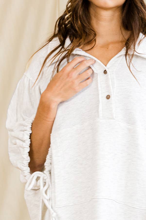 Women's Short Sleeve - Gray Oversized Drawstring Tie Sleeves Detail Solid Top - - Cultured Cloths Apparel