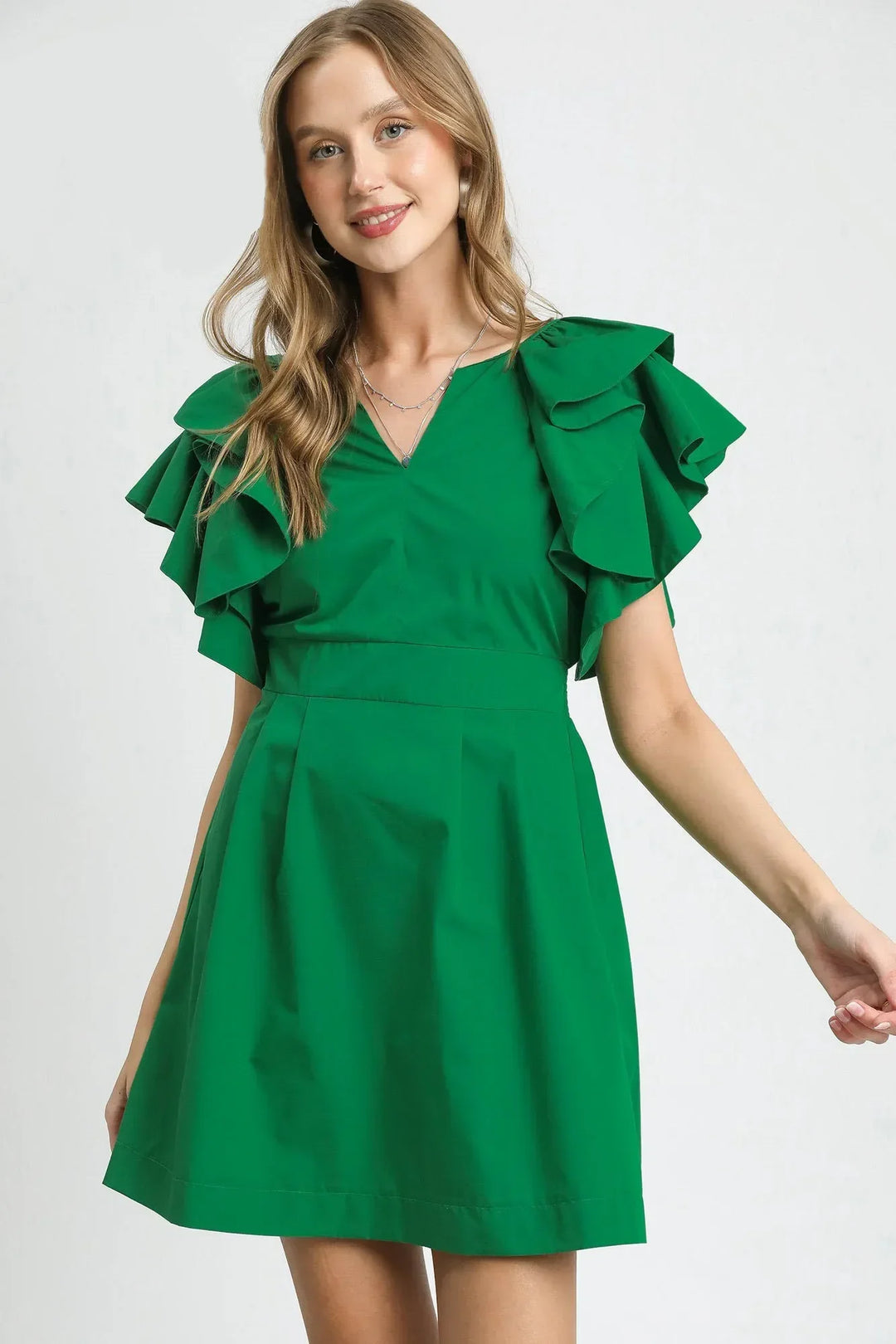 Umgee Double Ruffle Sleeve Fit and Flare Dress Dark Green / S Umgee Double Ruffle Sleeve Fit and Flare Dress Dark Green / S