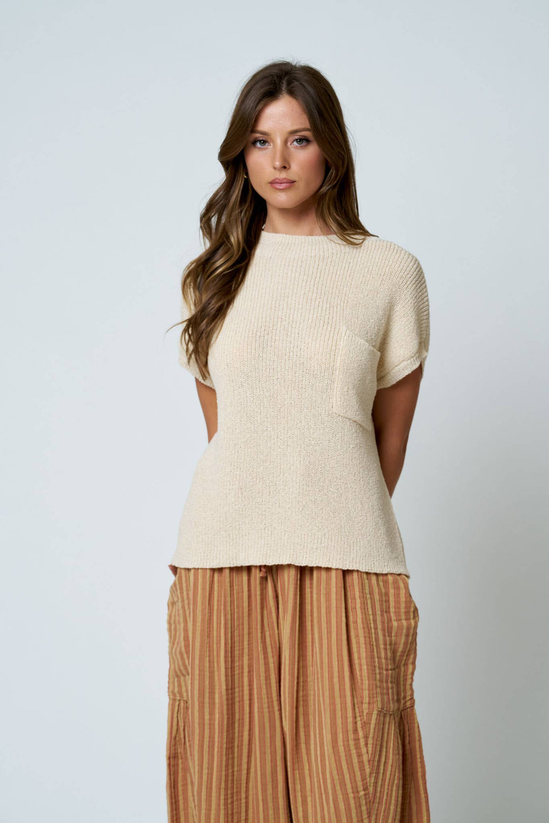 POCKET DETAIL DROP SHOULDER SHORT SLEEVE SWEATER