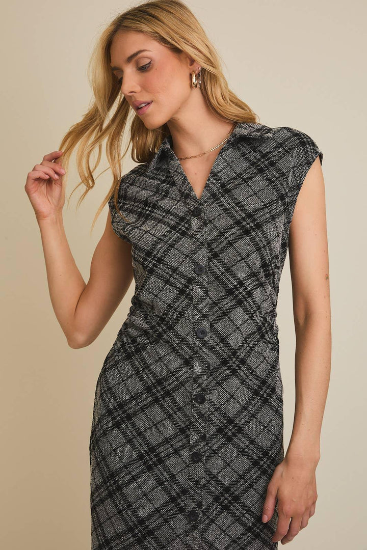 Women's Dresses - COLLARED SLEEVELESS BUTTON DOWN PLAID MIDI DRESS - - Cultured Cloths Apparel