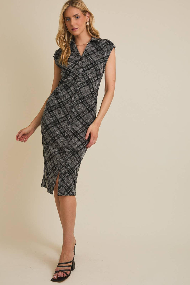 Women's Dresses - COLLARED SLEEVELESS BUTTON DOWN PLAID MIDI DRESS - GREY-BLACK PLAID - Cultured Cloths Apparel