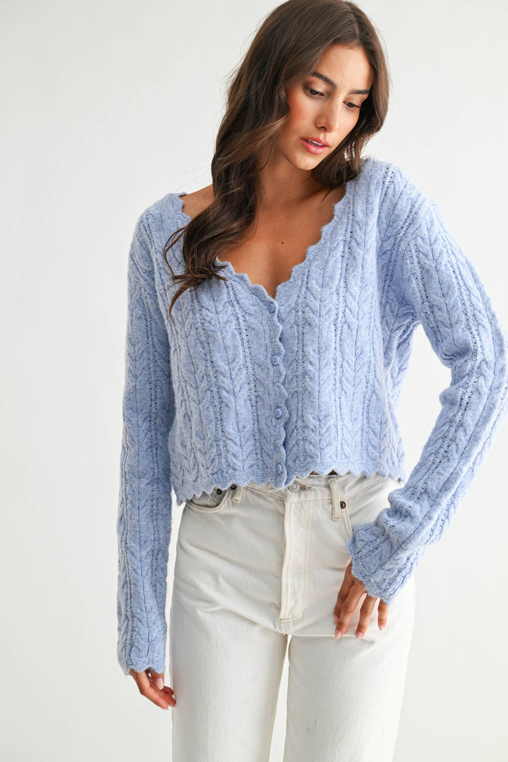 Women's Sweaters - Scallop Hem Cable Knit Cardigan - - Cultured Cloths Apparel
