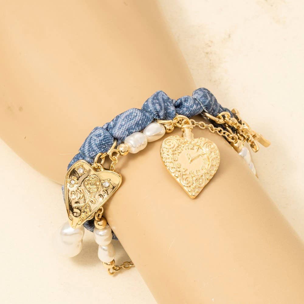 Accessories, Necklaces - Cross Floral Hearts And Pearl Charms Denim Knotted Bracelet - - Cultured Cloths Apparel