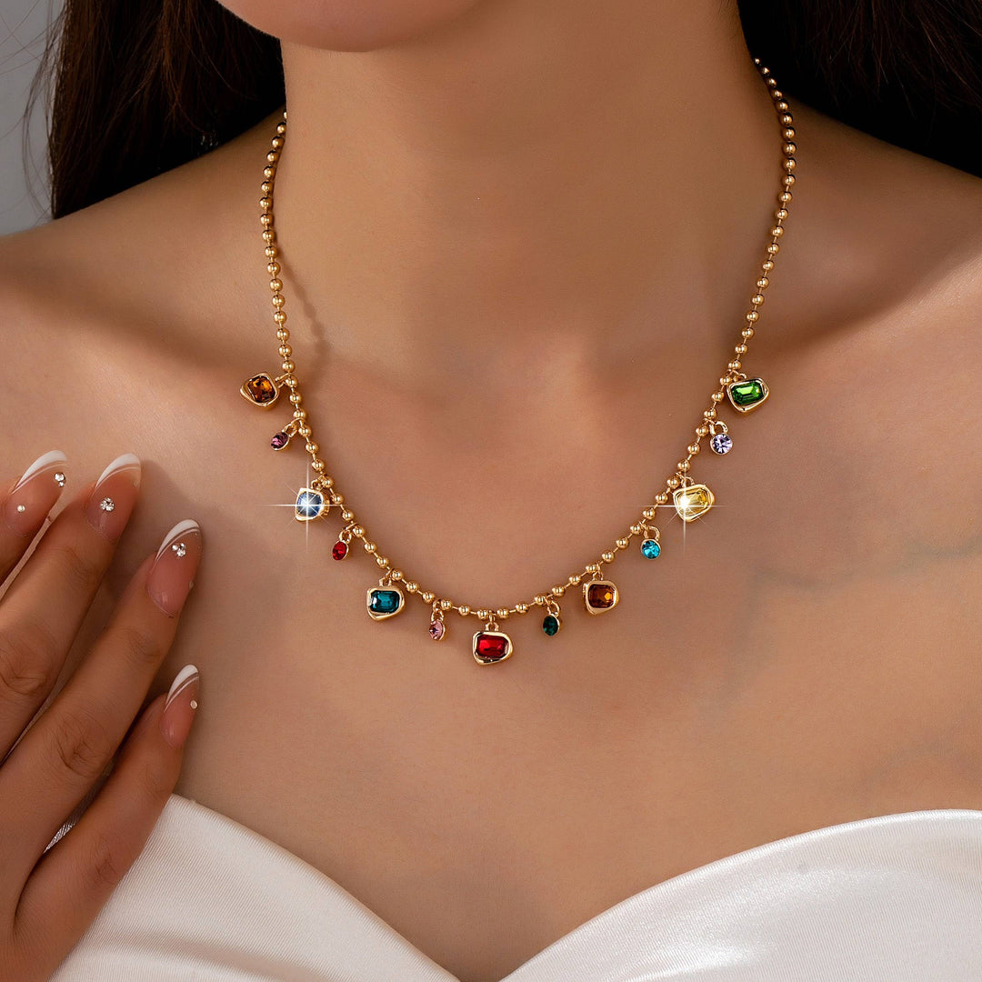 Accessories, Necklaces - Brass Multi-Color Glass Gem Charm Chain Necklace | 80N93682 - - Cultured Cloths Apparel